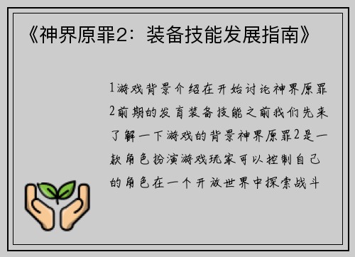 《神界原罪2：装备技能发展指南》